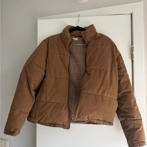 Brandy Melville Brown Puffer Jacket with Plaid Lining